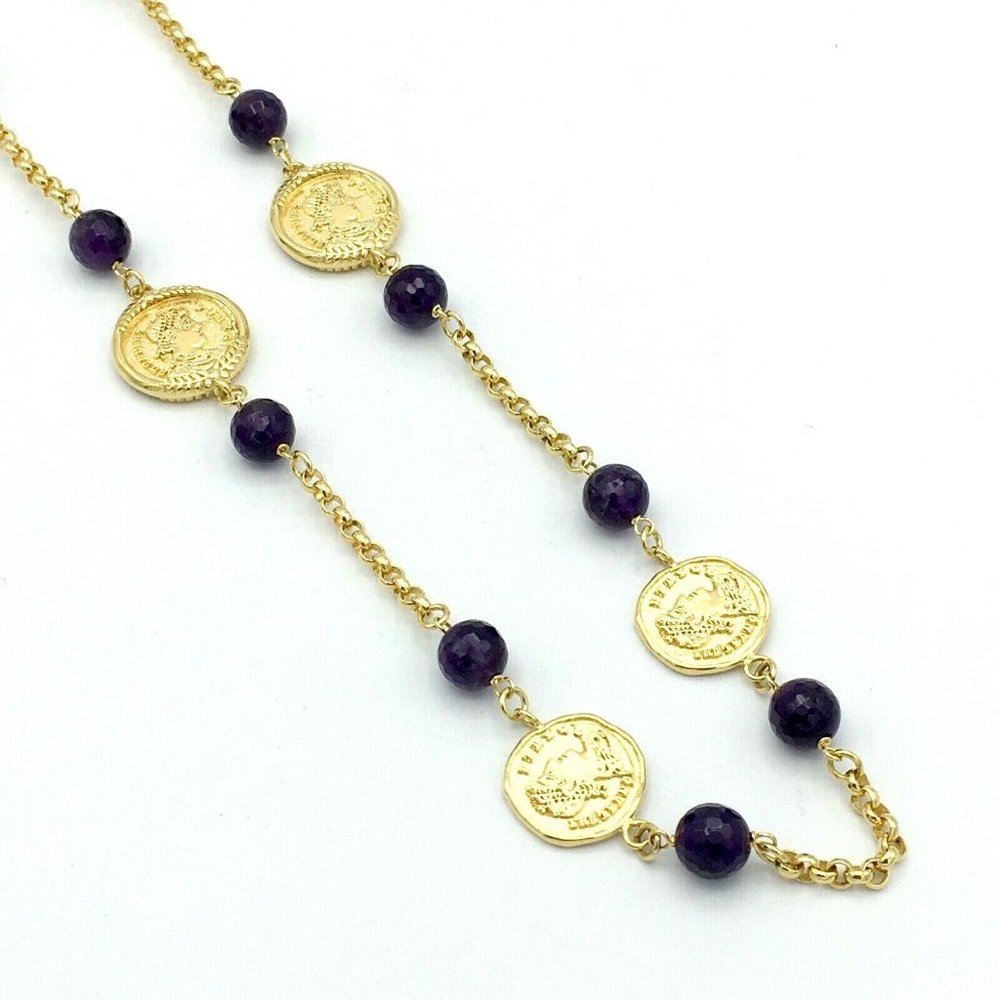 BRONZALLURE faux coin & amethyst bead necklace - gold-plated designer Italy 35"